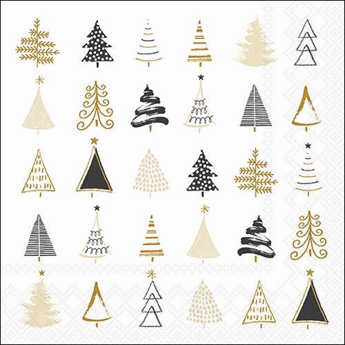 20 Servietten Christmas Tree Doodles black - Moderne Baumformen schwarz-gold 33x33cm