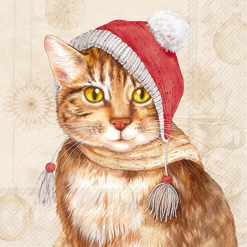 20 Servietten Jill cream - Katze mit Weihnachtsmütze 33x33cm