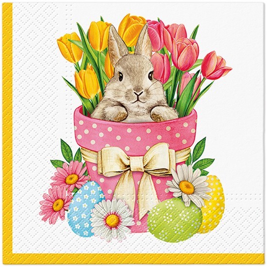 20 Servietten Flower Bunny - Hase im Blumentopf mit Tulpen 33x33cm