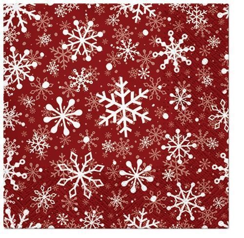 20 Servietten Christmas Snowflakes red – Weiße Schneeflocken auf rot 33x33cm