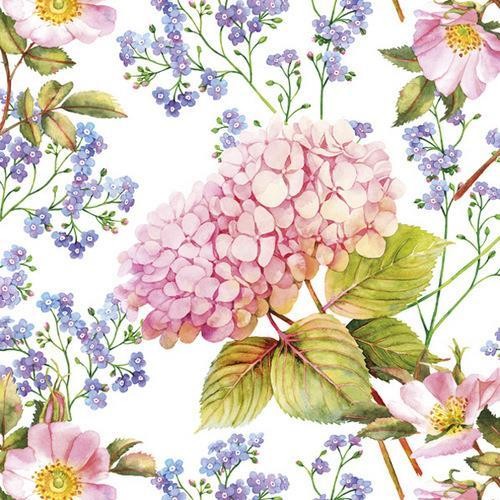 Maki Servietten Pink Hydrangea and Forget-Me-Not Flowers 33x33cm