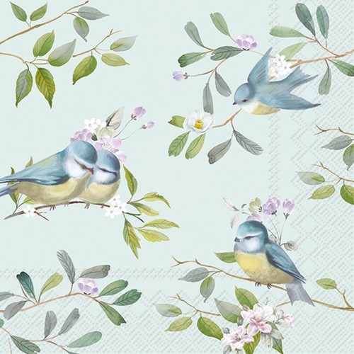 20 Servietten Romantic Birds light blue - Vögel an Blätter auf mint 33x33cm