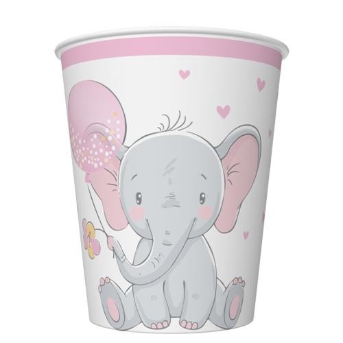 8 Pappbecher Baby Elephant with Pink Ballon - Elefant mit Ballon rosa 250ml Ø5,5-8cm, H9cm