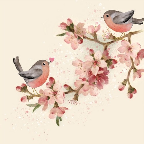 20 Servietten Cherry Blossom Love - Kleine Vögel an Kirschblüten 33x33cm