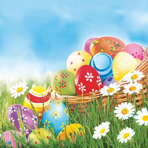 20 Servietten Colourful Easter Eggs and Daisies - Farbige Ostereier im Korb 33x33cm