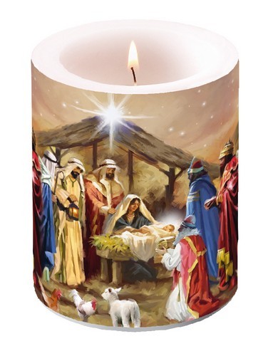 Kerze rund groß Nativity Collage - Christi Geburt Ø10cm, Höhe 12cm
