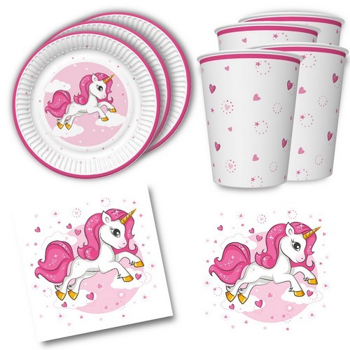 36-teiliges Tischdeko-Set Pink Heart Unicorn - Liebevolles Einhorn auf Teller, Becher und Servietten