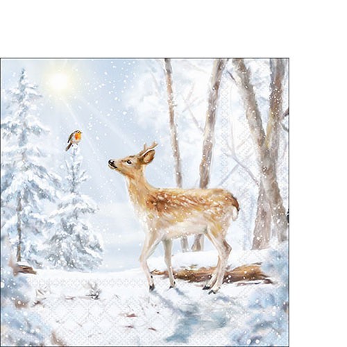 20 kleine Cocktailservietten Meeting in Winterworld - Reh trifft Vogel im Winterwald 25x25cm