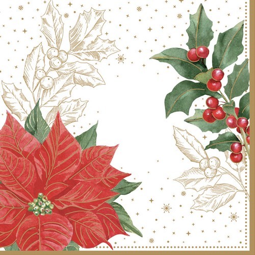 20 Servietten Poinsettia & Berries - Weihnachtsstern und Beeren 33x33cm