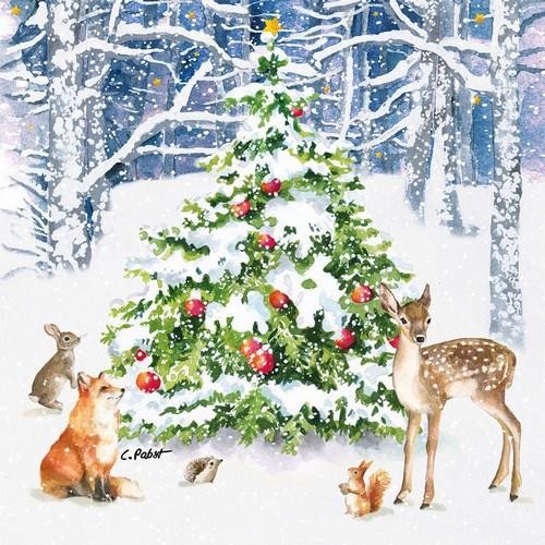 20 Servietten Winter Forest - Tiere versammeln sich um Winterbaum 33x33cm