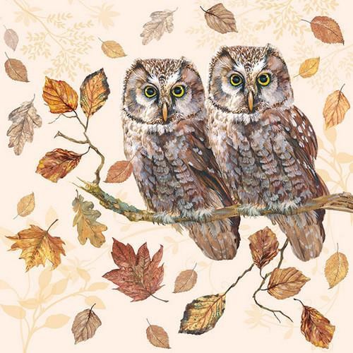 20 Servietten Owl Couple - Eulenpaar im Herbst 33x33cm