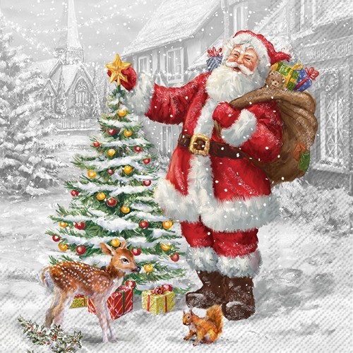 20 Servietten Santas XMas Tree - Santa freut sich über Weihnachtsbaum 33x33cm