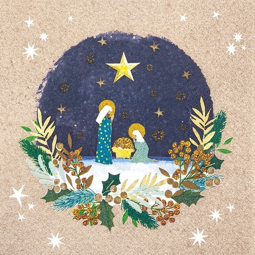 20 Servietten Holy Christmas - Heilige Szene im Kranz 33x33cm