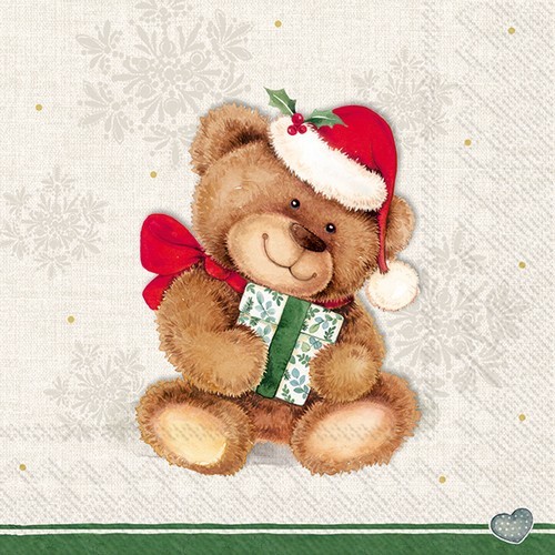 20 Servietten Christmas Teddy - Teddy mit Weihnachtsgeschenk 33x33cm