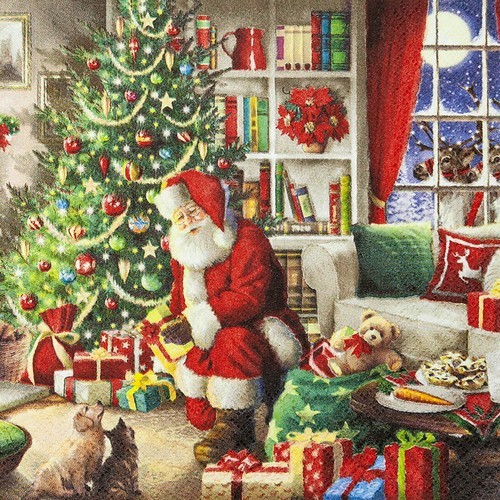 20 Servietten Santa brings Gifts - Weihnachtsmann verteilt fleißig Geschenke 33x33cm