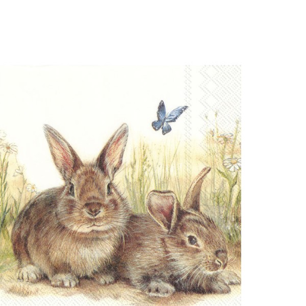 20 kleine Cocktailservietten Bunny & Clyde - Spielende Hasen im Gras 33x33cm