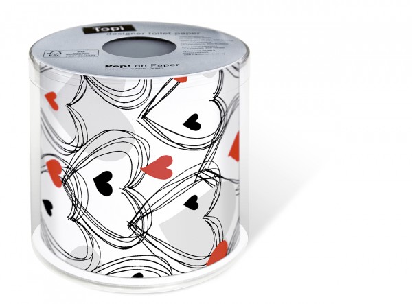 Toilettenpapier Rolle Shower of Hearts - Herzregen rot-schwarz 3-lagig