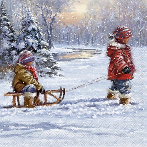 20 Napkins Winter Sleigh Ride - child pulling sleigh 33x33cm