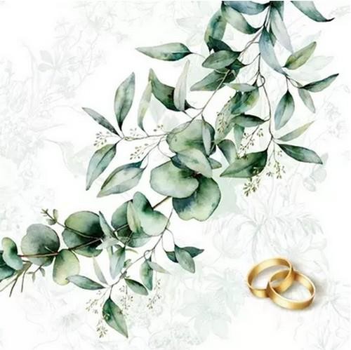 20 Napkins Together Forever - Golden rings on green leaves 33x33cm
