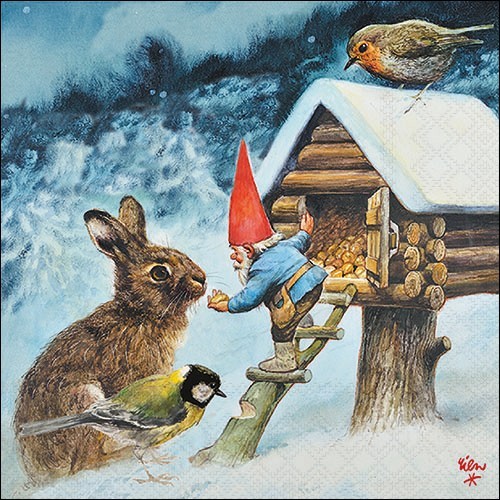 20 Servietten Gnome Feeding Animals - Tiere an Zwergenhütte 33x33cm