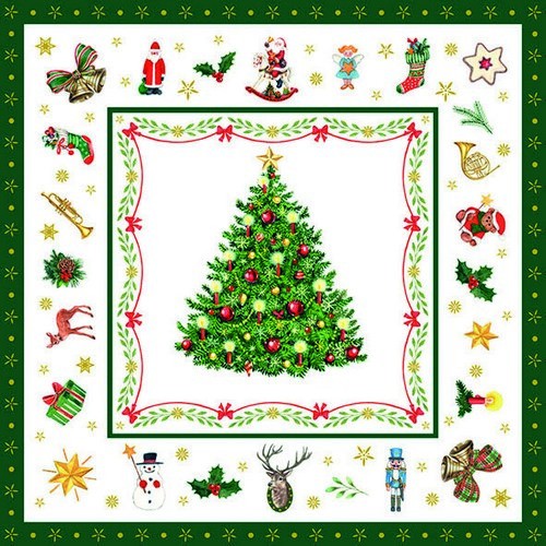 20 Napkins Christmas Evergreen white - fir tree and symbols green 33x33cm