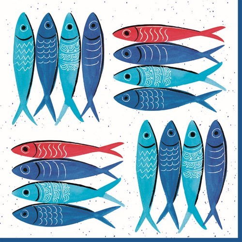 20 Servietten Sardine´s Party - Blaue und rote Fische 33x33cm