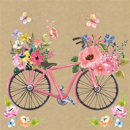 20 Servietten Bicycle Full of Flowers on Kraft - Fahrrad voller Blumen geschmückt 33x33cm