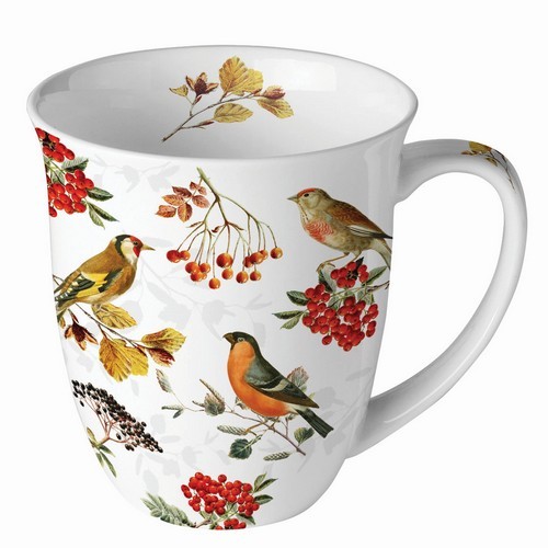 Tasse aus Porzellan Autumn Birds - Vögel an Zweige mit Beeren 0,4L, Höhe 10,5cm