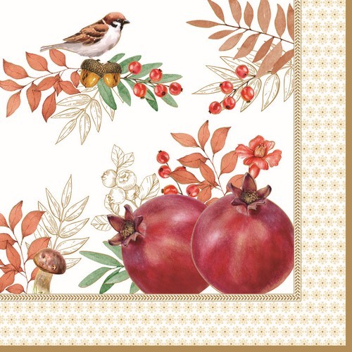 20 Servietten Autumn Symphony - Vogel, Blätter und Herbstfrüchte 33x33cm