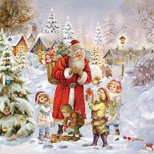 20 Servietten Santa bringing Presents - Nostalgie mit Kinder und Santa 33x33cm