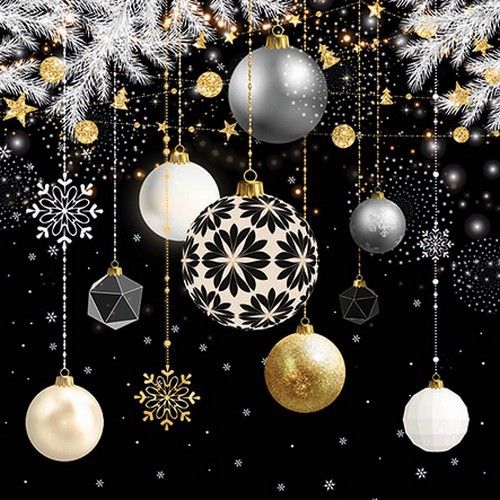 20 Servietten Christmas Baubles black - Elegante Weihnachtskugeln auf schwarz 33x33cm