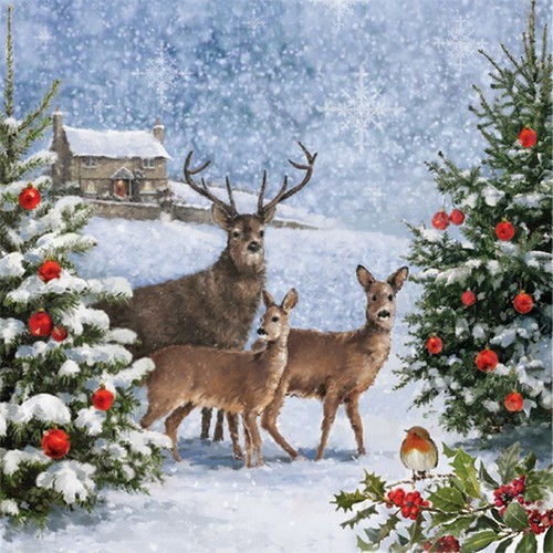 20 Servietten Three Deers at Christmas - Hirsche an Weihnachtsbäume 33x33cm