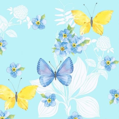 20 Servietten Butterfly Dance - Schmetterlinge an Blumen auf hellblau 33x33cm