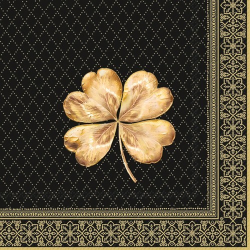 20 Servietten Golden Cloverleaf - Goldenes Kleeblatt auf schwarz 33x33cm