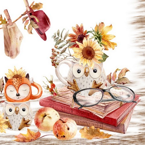 20 napkins Owl & Fox - Autumn cups with animal motif 33x33cm