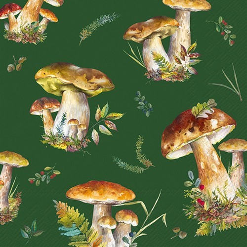 20 Servietten Mushroom Collection green - Pilze aus dem Wald auf grün 33x33cm