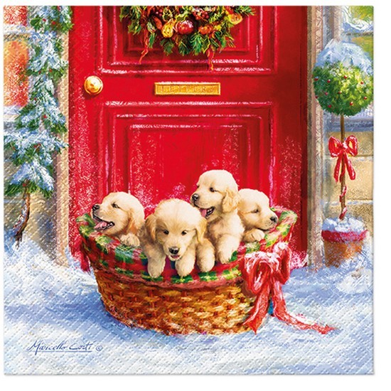 20 Servietten Christmas Puppies - Welpen im Winterkorb 33x33cm