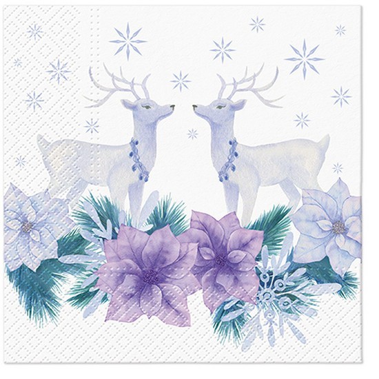 20 Servietten Lavender Christmas - Hirsche an lila Weihnachtsblüten 33x33cm