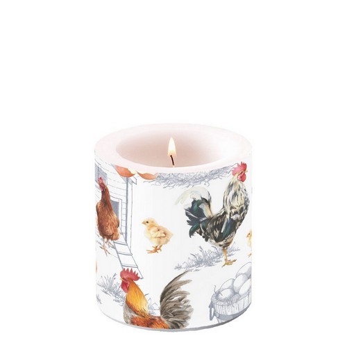Candle round small Chicken Farm - Chicken families in the breeding season Ø 7,5cm, height 9cm