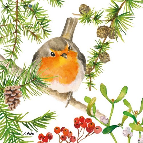 20 Napkins Robin in Tree - robin on winter branch 33x33cm