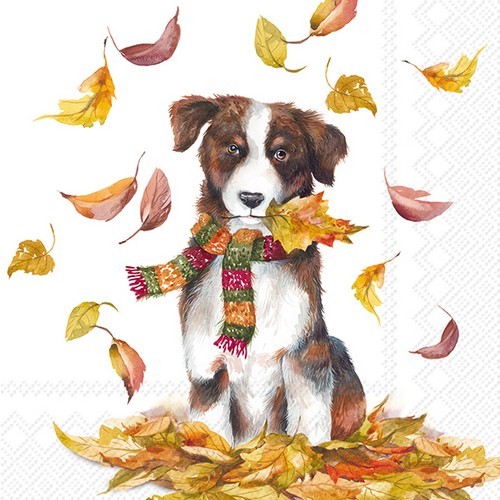 20 Servietten Dog Having Fun - Hund spielt mit Herbstblätter 33x33cm