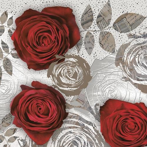 20 Servietten Red Roses with Floral Prints – Rote Rosen in Blumenkonturen 33x33cm