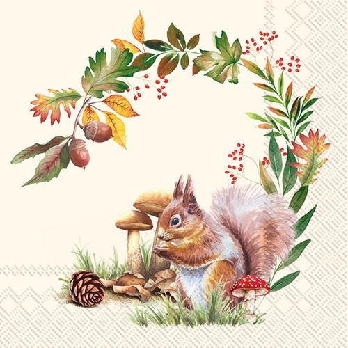 20 Servietten Squirrel in the Forest cream - Eichhörnchen mit Blätterkranz 33x33cm