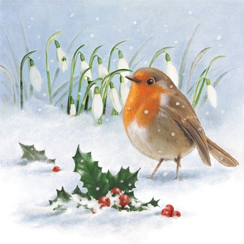 20 Napkins Robin, Holly & Snowdrops - Bird on snowdrops 33x33cm