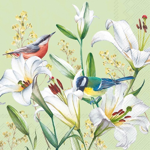 20 Servietten Birds in Lilies - Vögel in Lilien 33x33cm