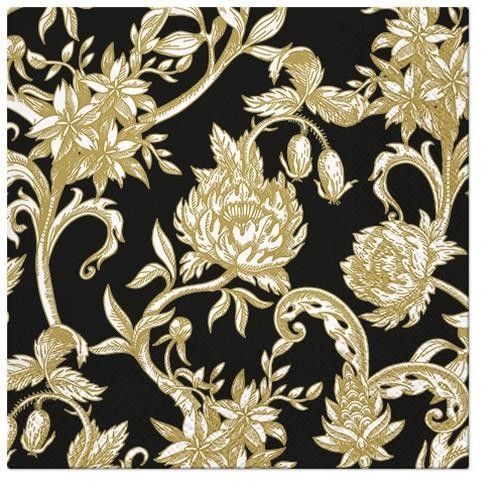 20 Servietten Baroque Flowers - Goldene Blumen auf schwarz 33x33cm