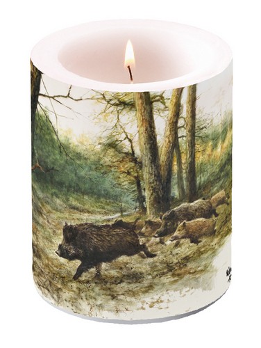 Kerze rund Wild Boars in the Woods – Wildschweine im Wald Ø 10cm, Höhe 12cm