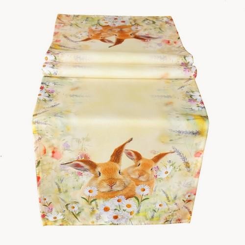 Tischband Polyester Hase auf Frühlingswiese 40x140cm