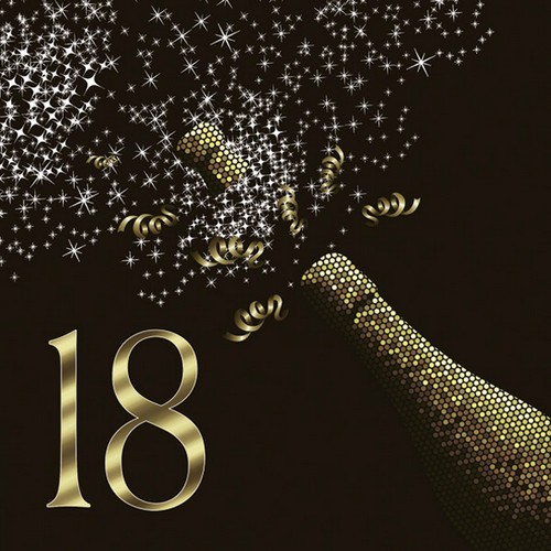 20 Servietten 18th Golden Champagne - Champagner zum 18. Geburtstag 33x33cm