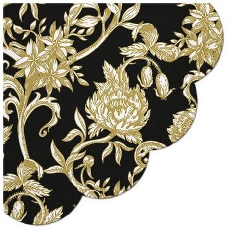 12 Napkins round Baroque Flowers - Golden flowers on black Ø32cm